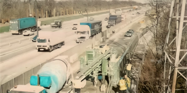 TAG concrete paving works on the M25 in 1995, with traffic alongside