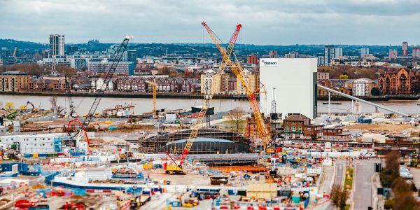 Silvertown Tunnel site with cranes and the river beyond