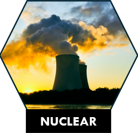 Nuclear: power station cooling towers at sunset